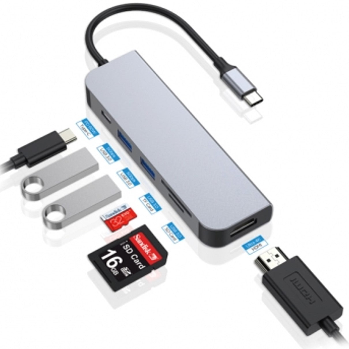 Adaptador hub 6 en 1 conceptronic usb tipo c a hdmi - usbc - usb 3.0 - sd - tf