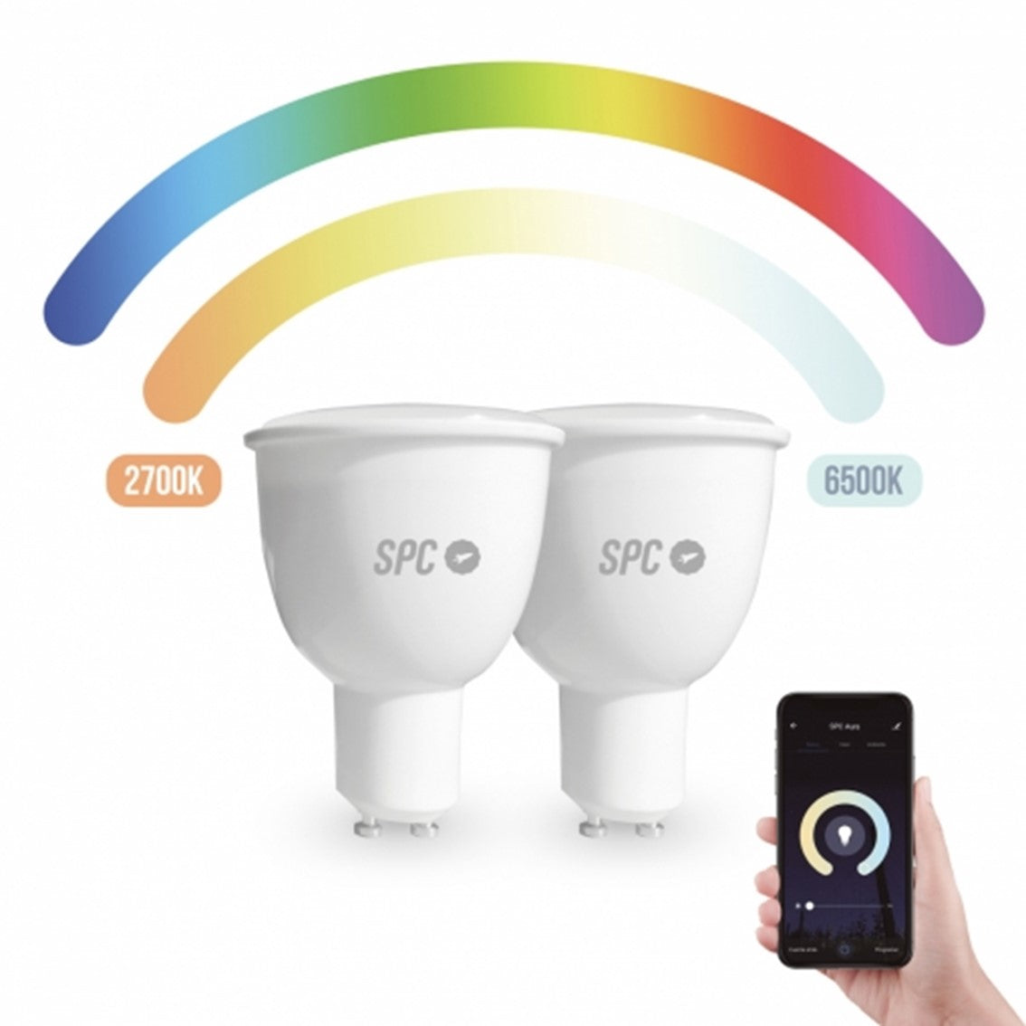 Bombilla inteligente spc aura 450 5.5w pack 2 uds 2700 - 6500k -  16mill.co. -  ø50 -  spc iot -  comando voz -  gu10