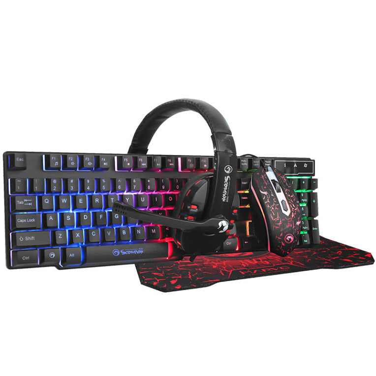 Pack gaming 4 en 1 scorpion cm370 teclado + raton + auriculares + alfombrilla