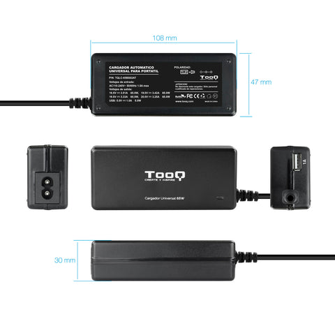 Cargador portatil universal tooq tqlc - 65bs02at 65w 1 x usb 8c negro