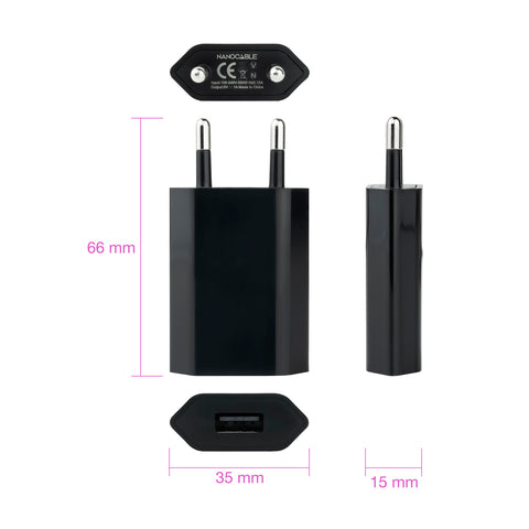 Mini cargador usb nanocable con enchufe integrado negro