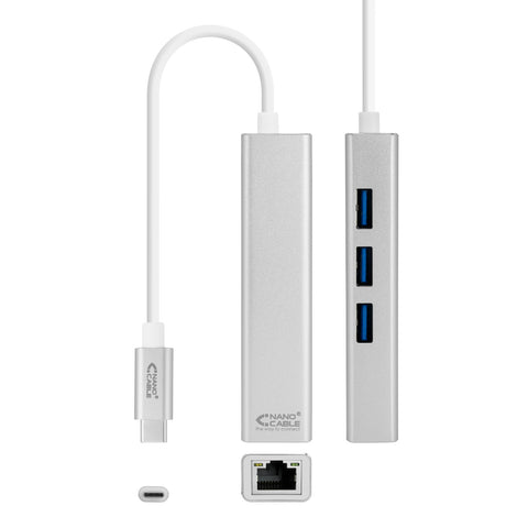 Cable usb tipo c 3.0 a gigabit ethernet + 3 x usb 3.0 nanocable 15cm -  macho - hembra -  plata