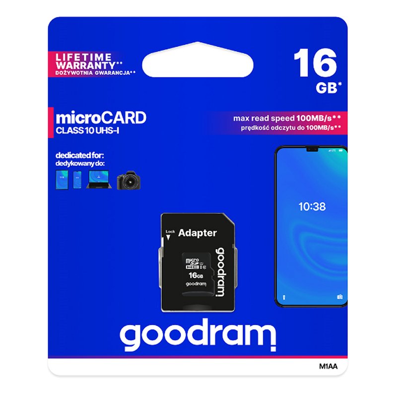 Tarjeta de memoria micro sd goodram 16gb m1aa cl10 uhs - i u1 + adaptador