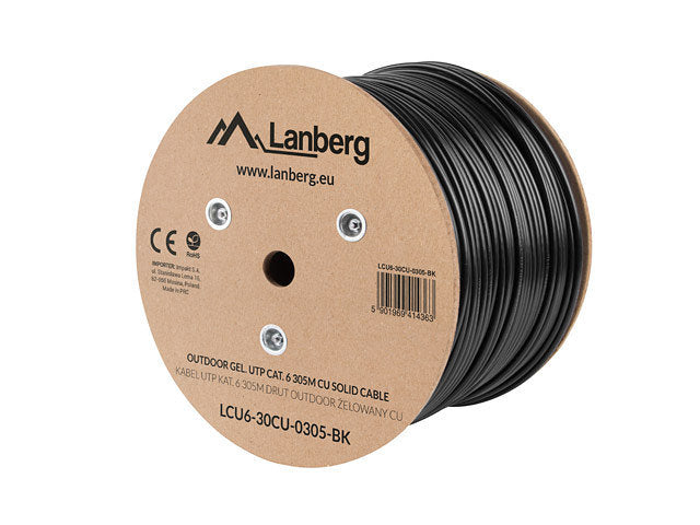 Bobina para exterior lanberg cat.6  utp rj45 cobre gel - filled fluke awg23 305m negro