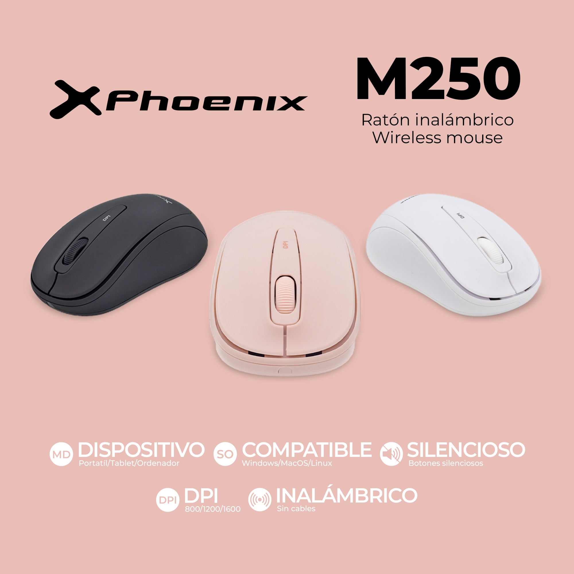 Phoenix m250 ratón inalámbrico 2.4 ghz receptor usb hasta 1600 dpi compatible con pc mac portátil color rosa