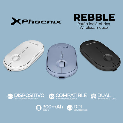 Phoenix rebble ratón inalambrico bluetooth y 2.4 ghz hasta 3 dispositivos con receptor usb clic silencioso para portátil notebook pc chomebook mac color negro