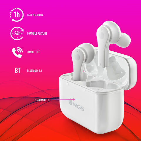 Auriculares inalambricos ngs artica bloom white bluetooth 5.1 + estuche de carga - blanco