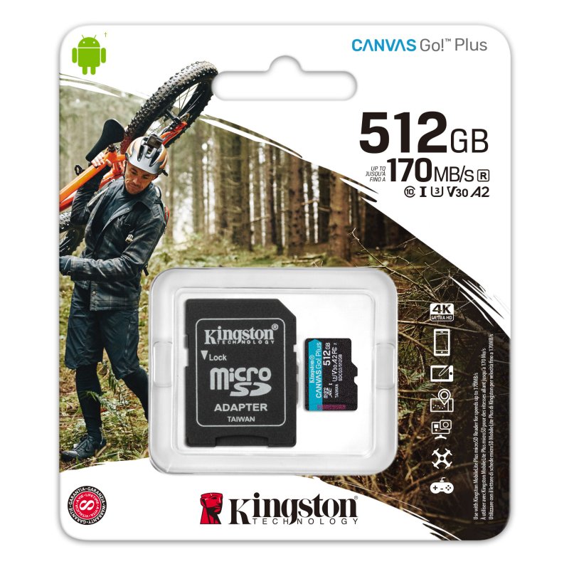 Tarjeta memoria micro secure digital sd xc 512gb kingston canvas go! plus clase 10 uhs - i u3 + adaptador sd