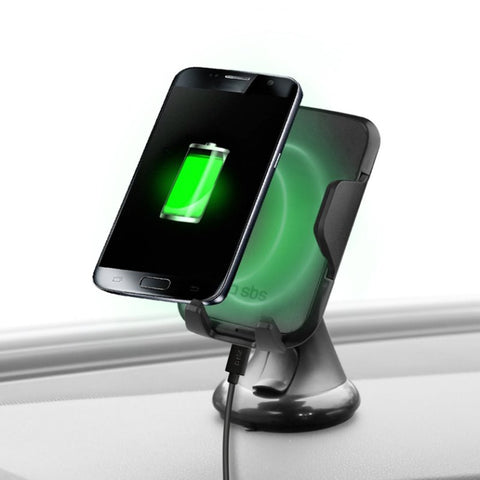 Soporte universal smartphone coche sbs con recarga inalambrica y ventosa negro