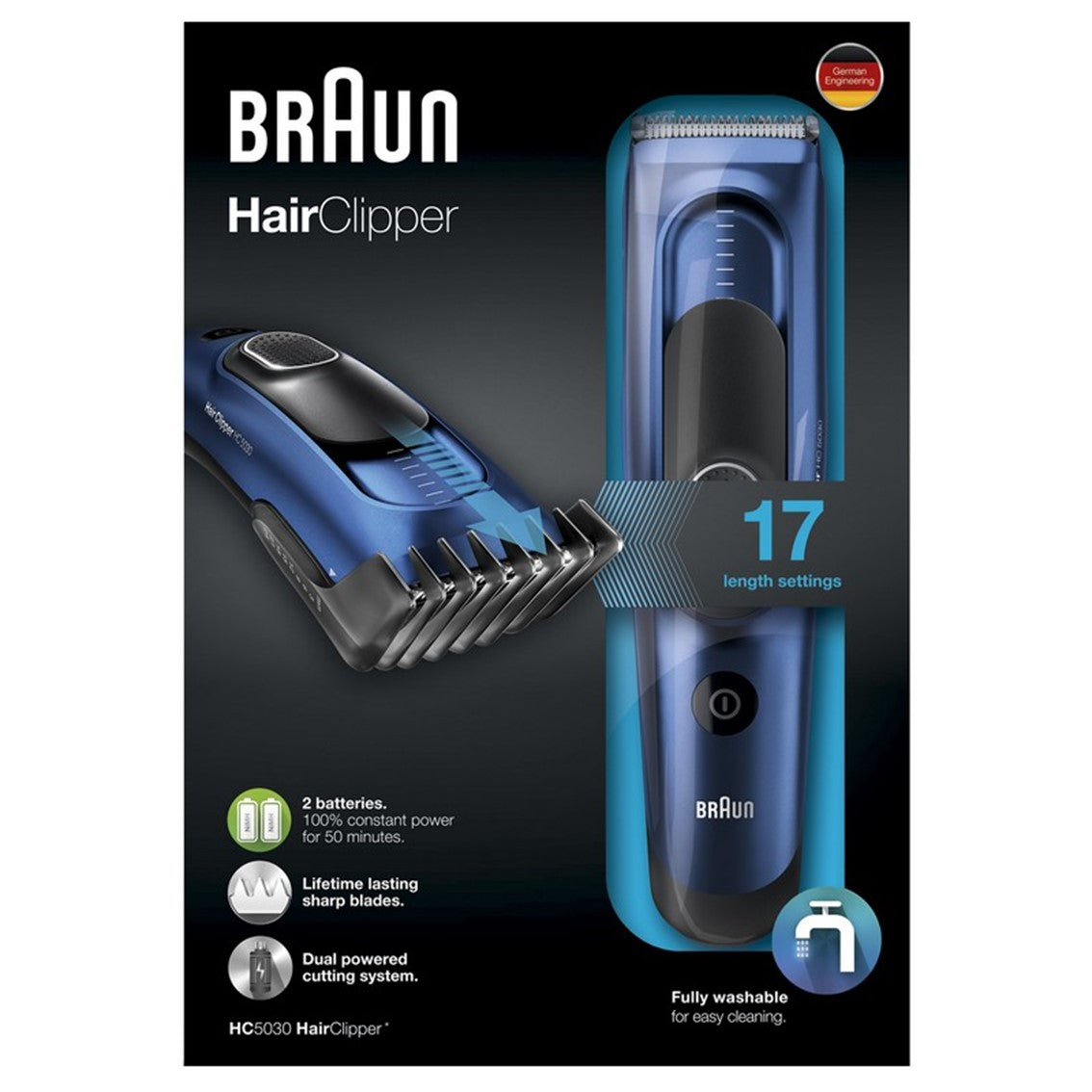 Cortapelos braun hc5030 negro - azul 17 ajustes - 50 min autonomia - lavable - funda