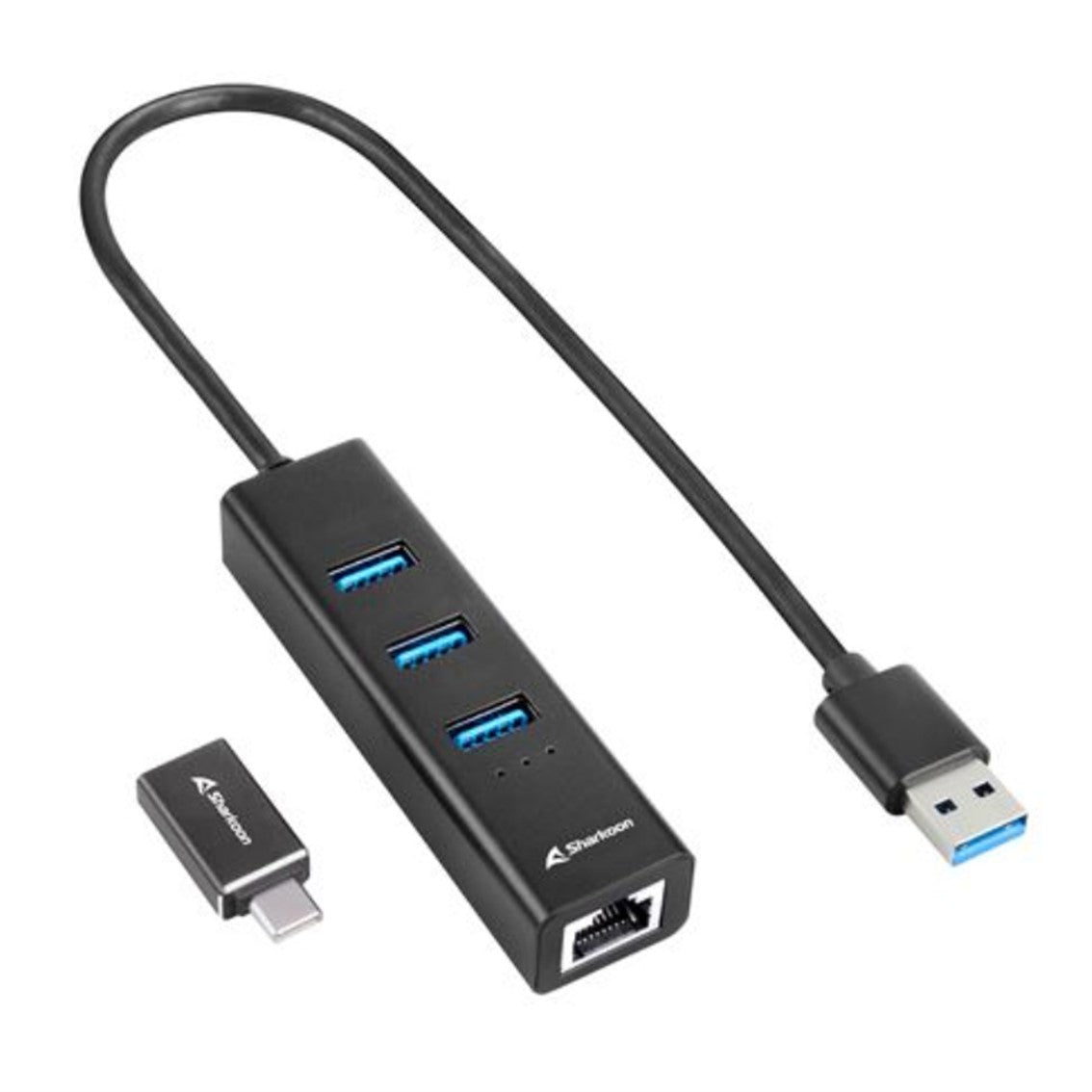 Hub usb sharkoon 3 x usb 3.2 gen 1 + rj45 aluminio negro + adaptador usb tipo c