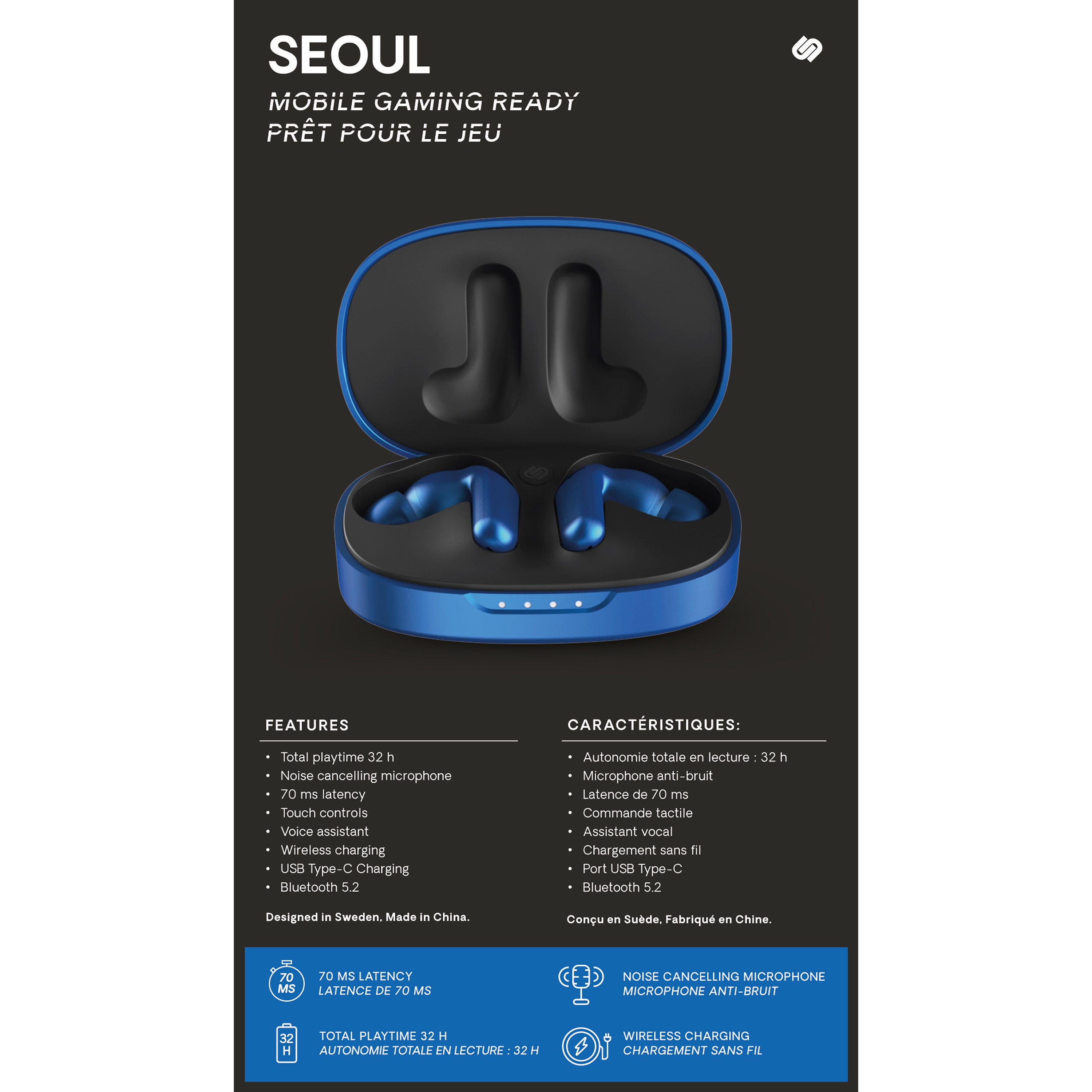 Auriculares urbanista true wireless inalambricos seoul gaming electric blue - azul electrico