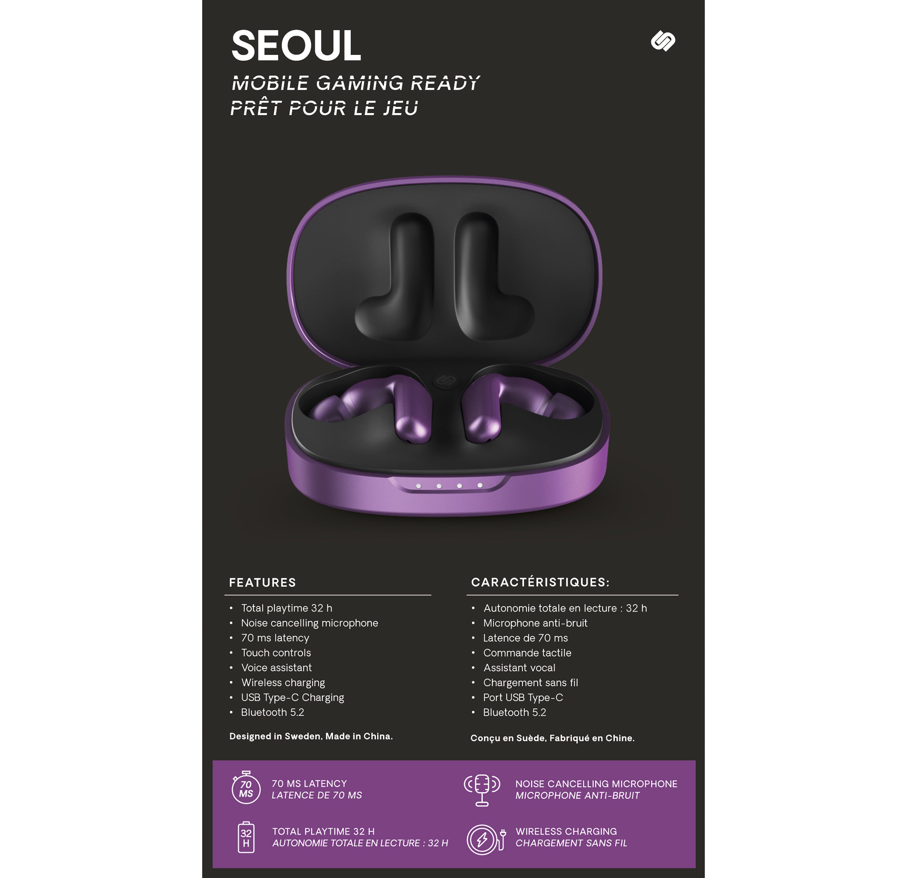 Auriculares urbanista true wireless inalambricos seoul gaming vivid purple - morado