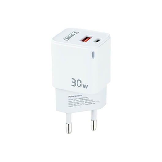 Cargador de pared tooq doble usb - c + usb a blanco 30w