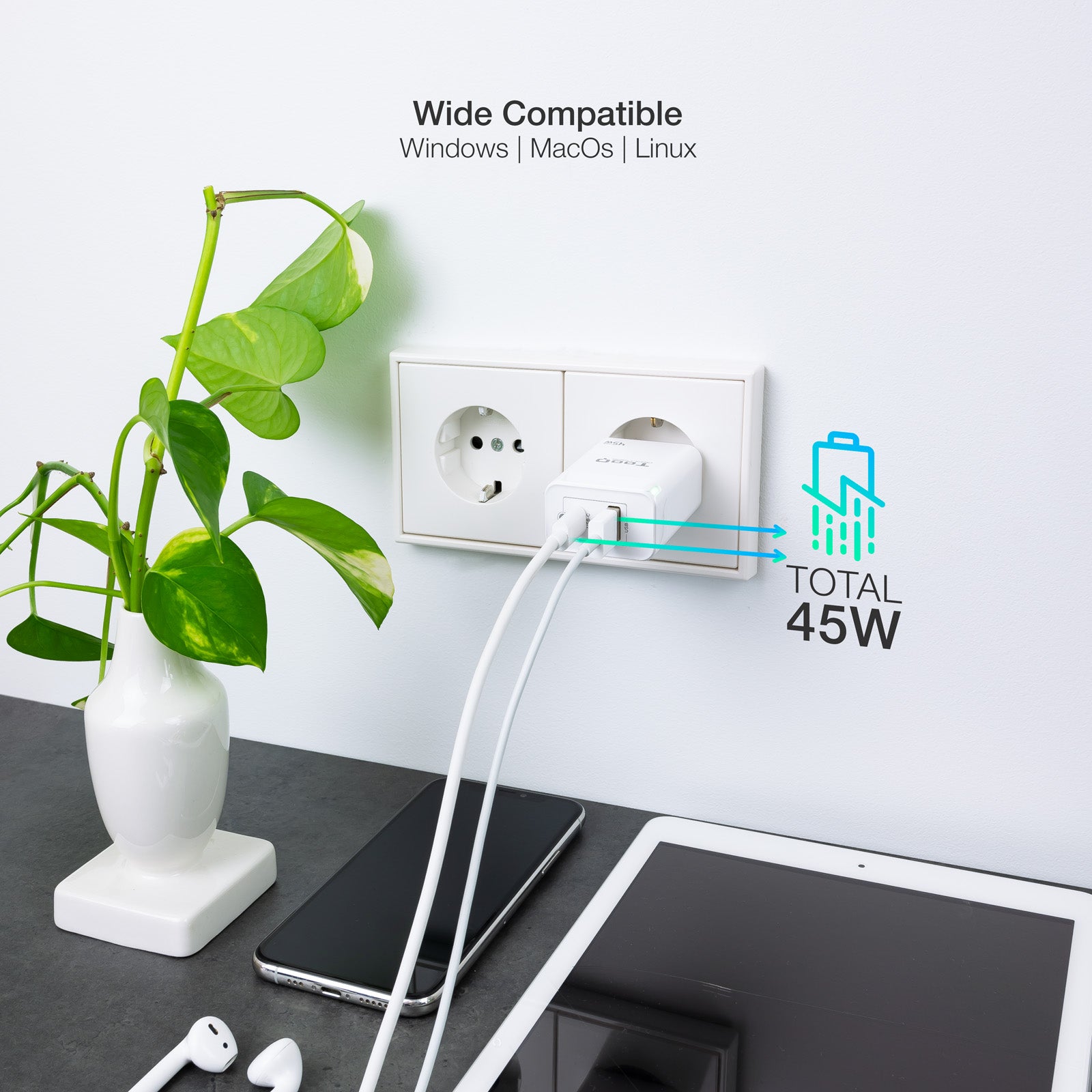 Cargador de pared tooq doble usb - c + usb a blanco 45w