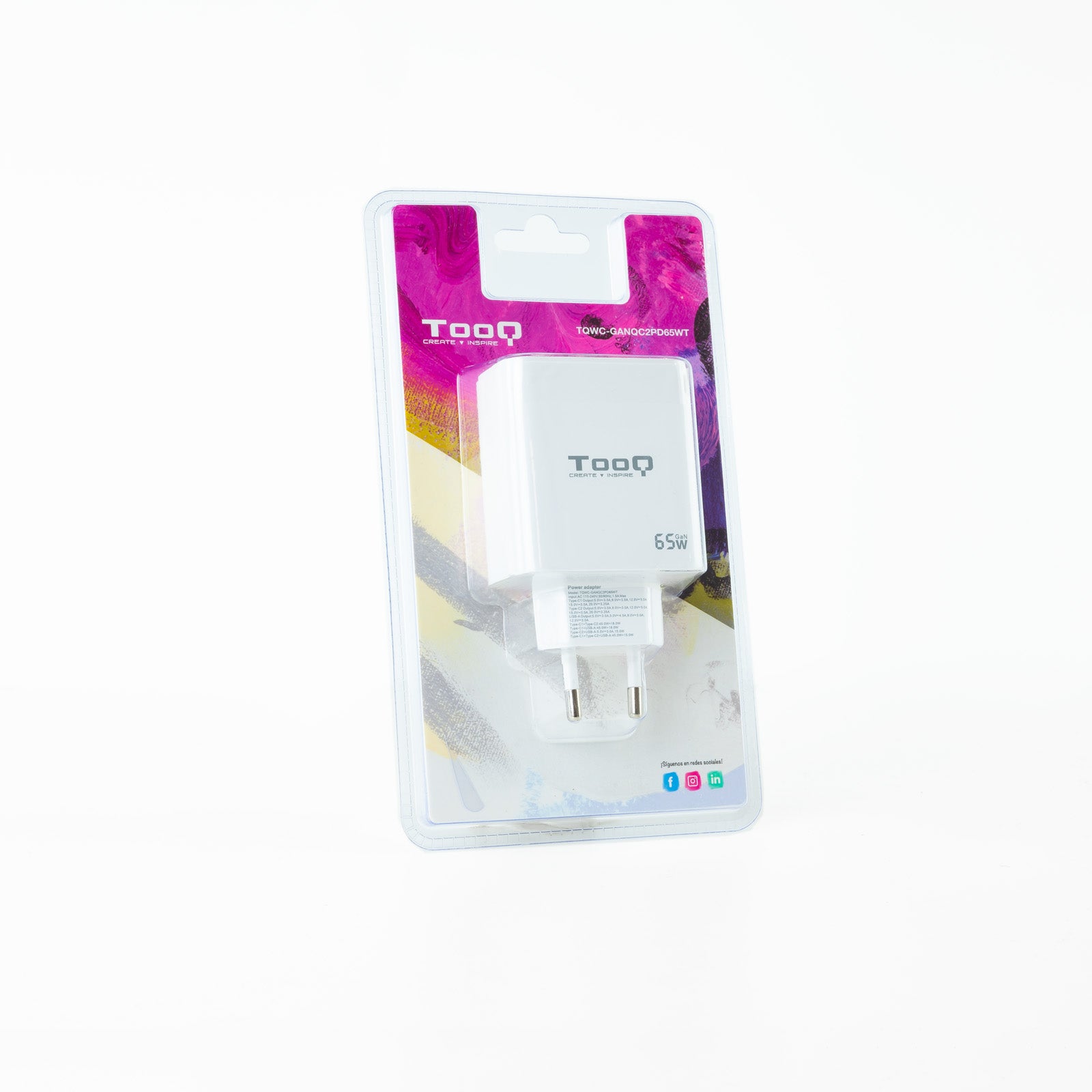 Cargador de pared tooq triple 2xusb - c + usb a blanco 65w