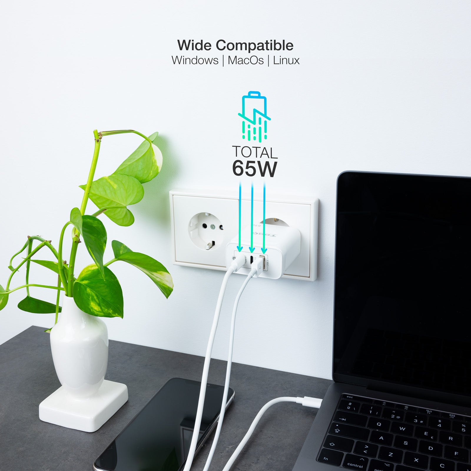 Cargador de pared tooq triple 2xusb - c + usb a blanco 65w