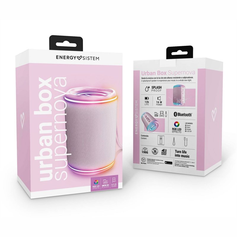 Altavoz energy sistem urban box supernova rosa - resistente al agua - 16w - tws - bluetooth 5.1 - rgb