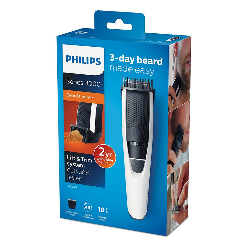 Cortapelos philips beardtrimmer bt3206 - 14 blanco 10 ajust. 1mm - recorta barba - cabezal lavable - 45min