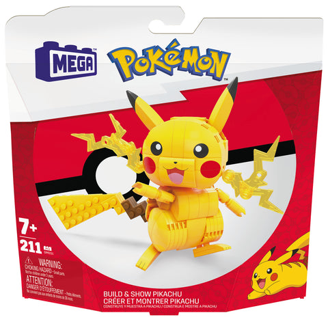 Figura mattel mega construx construye y muestra pikachu