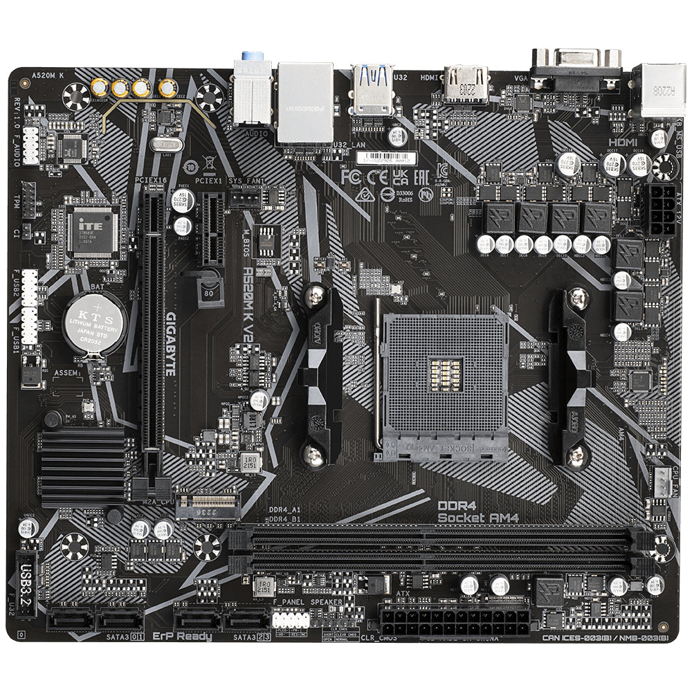 Placa base gigabyte a520m k v2 am4 m - atx -  2 x ddr4 -  4 x usb 3.2 -  2 x usb 2.0 -  1 x hdmi -  1 x d - sub -  1 x ps - 2