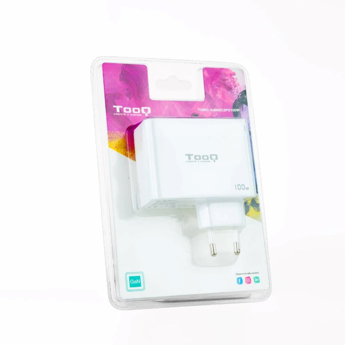 Cargador de pared tooq gan 2 x usb tipo 1 x usb tipo a 100w