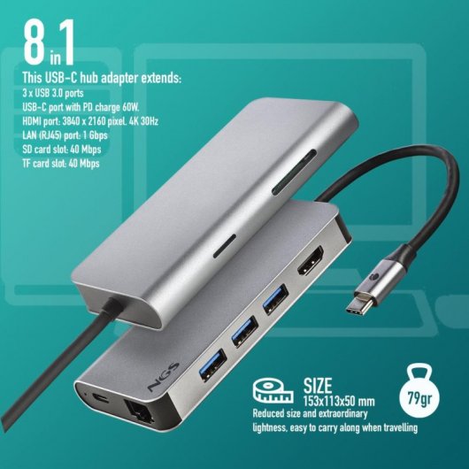 Docking station ngs wonder dock 8 3x usb 3.0 -  1x usb 2.0 -  1x usb tipo c -  1x rj - 45 -  1x hdmi