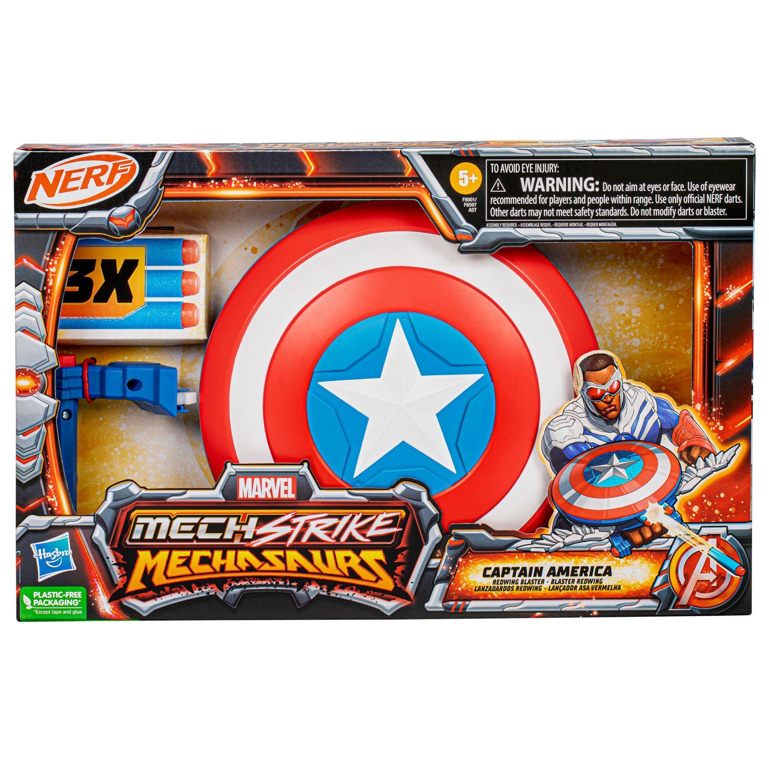 Lanzador hasbro nerf marvel mech strike mechasaurs capitán américa con redwing