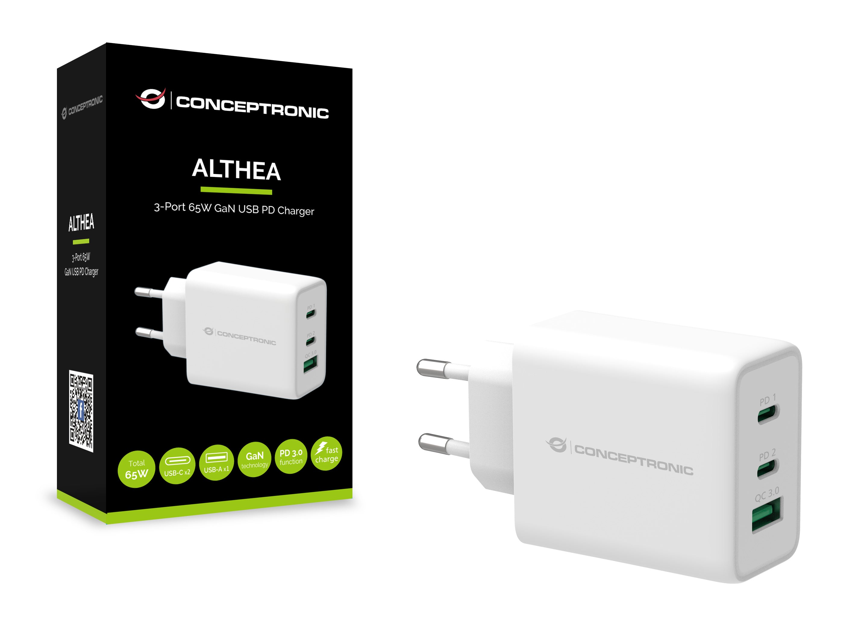 Cargador conceptronic carga rapida pd 1 puerto usb tipo a - 2 puertos usb tipo c - althea - 65w - blanco