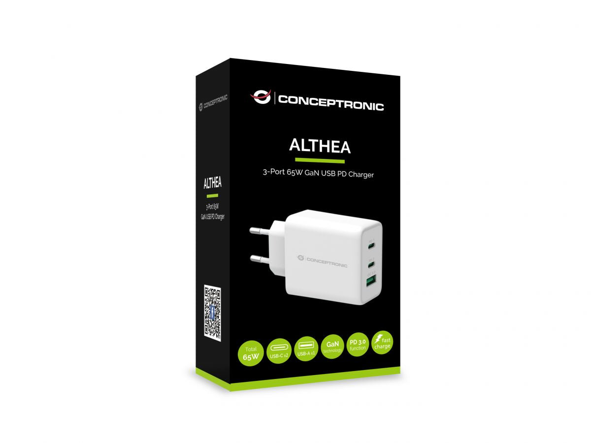 Cargador conceptronic carga rapida pd 1 puerto usb tipo a - 2 puertos usb tipo c - althea - 65w - blanco