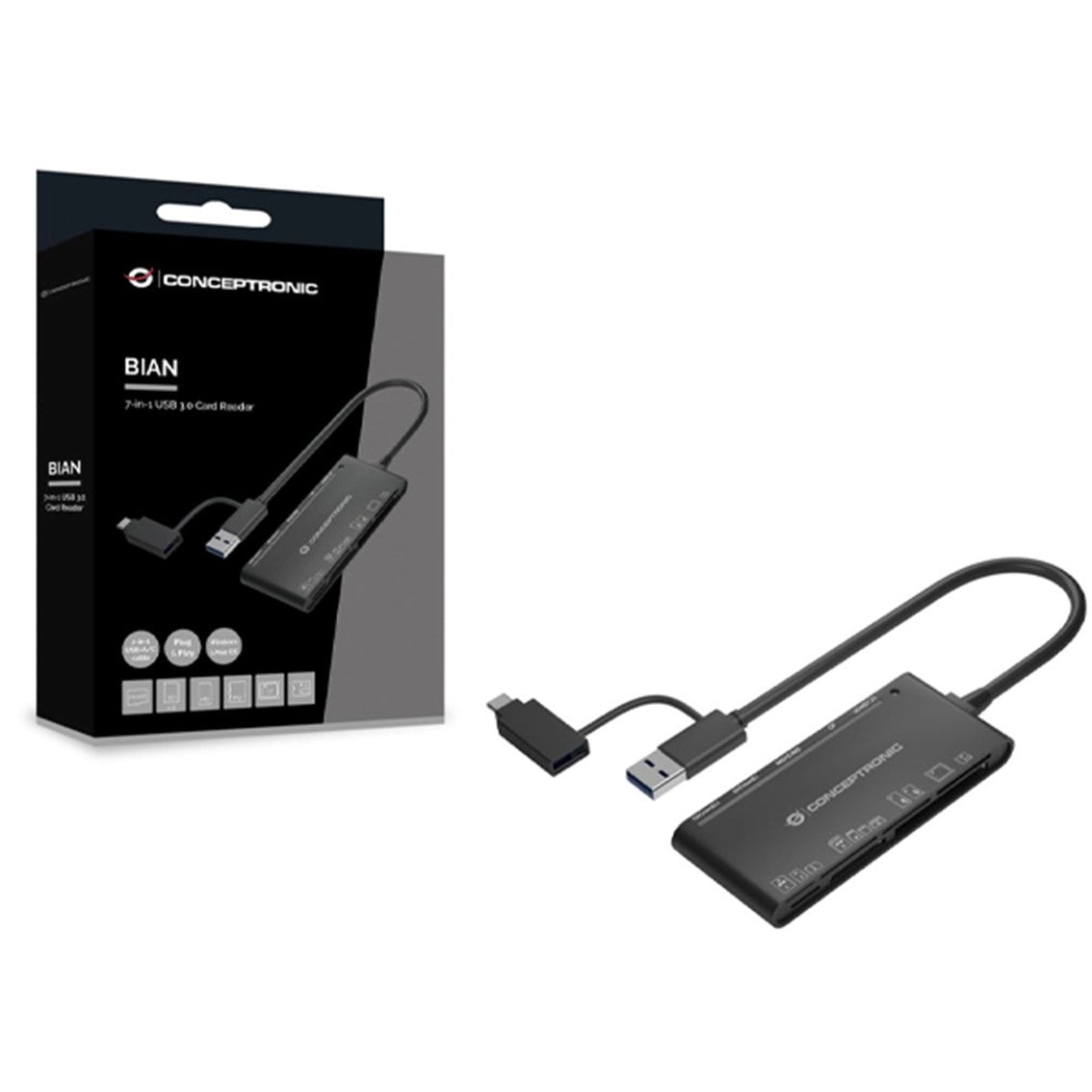 Lector de tarjetas externo usb tipo c -  usb tipo a 7 en 1 conceptronic bian03b usb 3.0 sd - sdhc - sdxc mmc ms m2 ct xd micro sd -  t flash