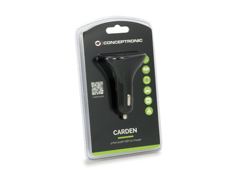 Cargador coche conceptronic carden06b  3 puertos usb tipo a 2p 5v - 2.4a 1p 5v - 1.5a 31.5w