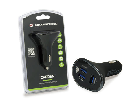 Cargador coche conceptronic carden06b  3 puertos usb tipo a 2p 5v - 2.4a 1p 5v - 1.5a 31.5w