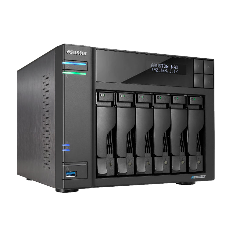 Servidor nas asustor tower 6 bay nas quad - core 2.0ghz dual 2.5gbe ports 8gb ram ddr4