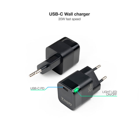 Cargador pared tooq usb - c pd 20w negro