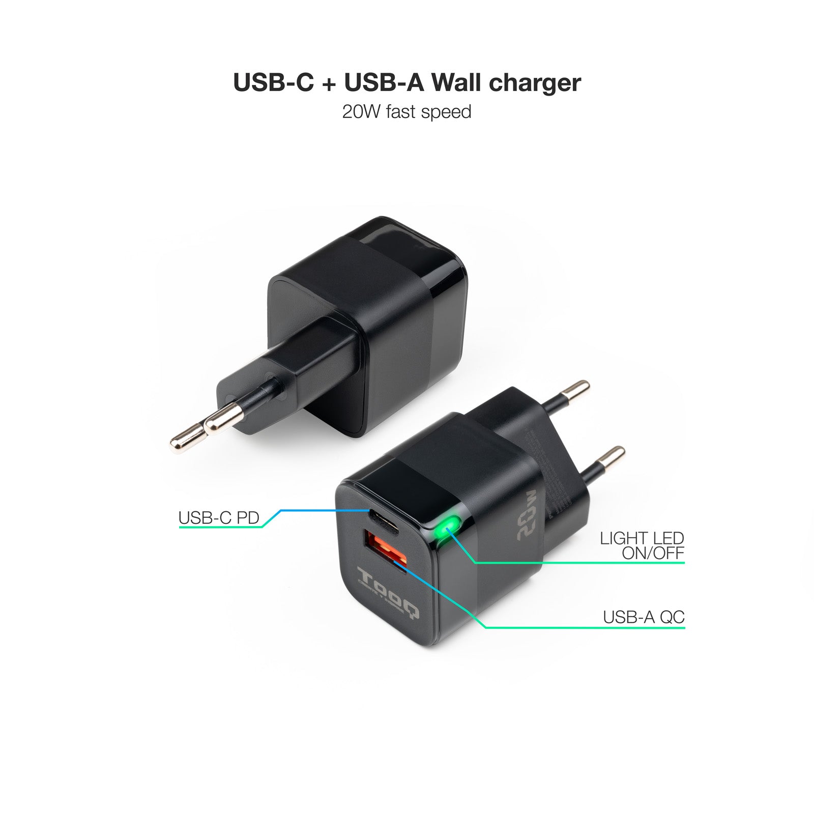 Cargador pared tooq usb - c - pd + usb - a - qc 20w negro