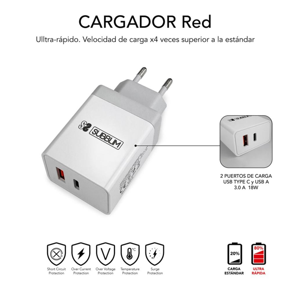 Cargador de pared subblim subchg - 3wpd10 25w usb tipo c - usb tipo a