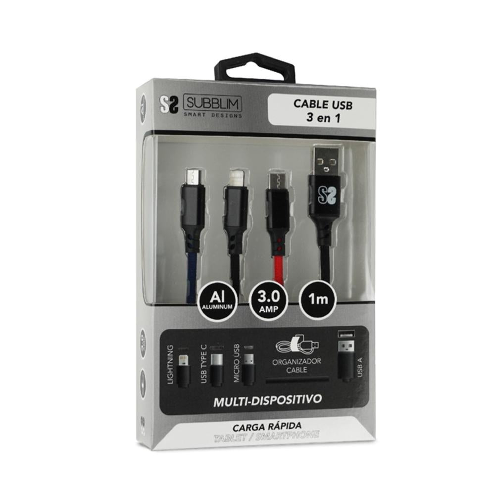 Cable usb tipo a subblim premium 3 en 1 micro usb - usb tipo c - lightning