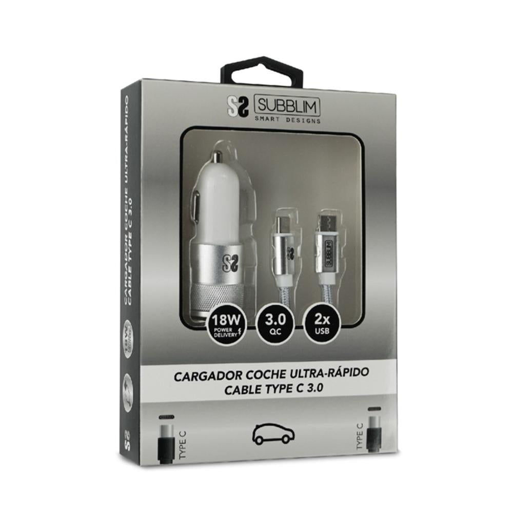 Cargador coche subblim 18w usb tipo a - usb tipo c + cable usb tipo c