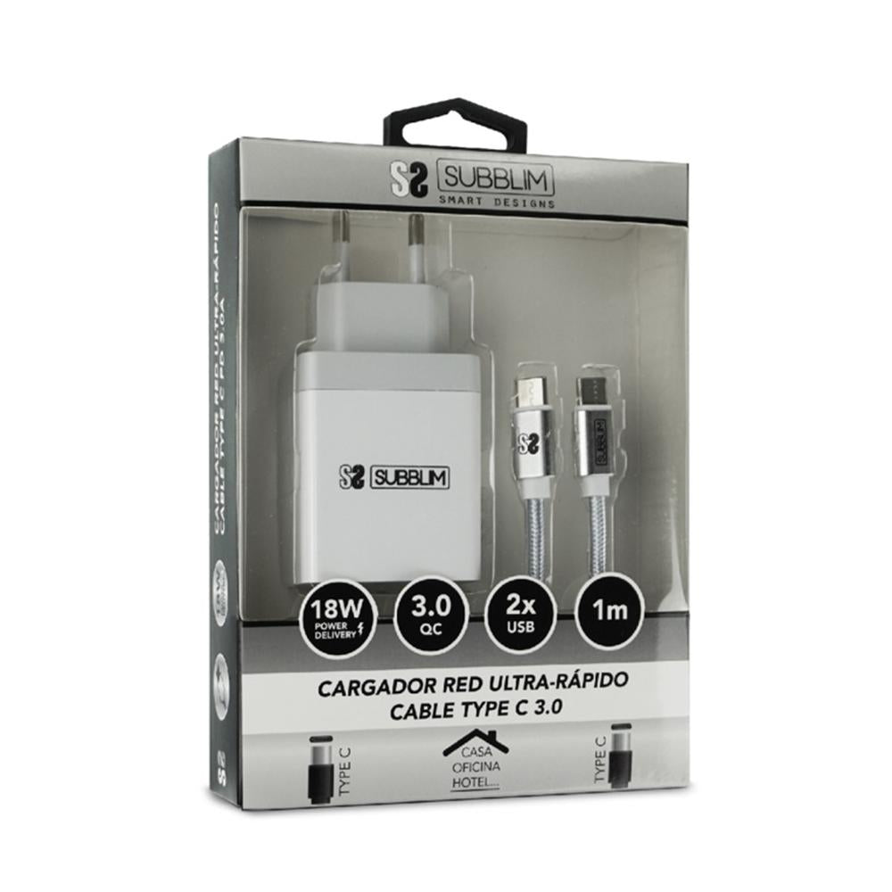 Cargador subblim 18w  usb tipo a - usb tipo c + cable usb tipo c