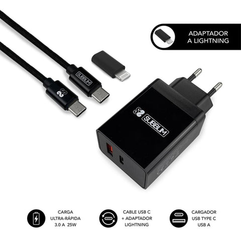 Cargador subblim 25w usb tipo a - usb tipo c + cable usb tipo c + adaptador lightning