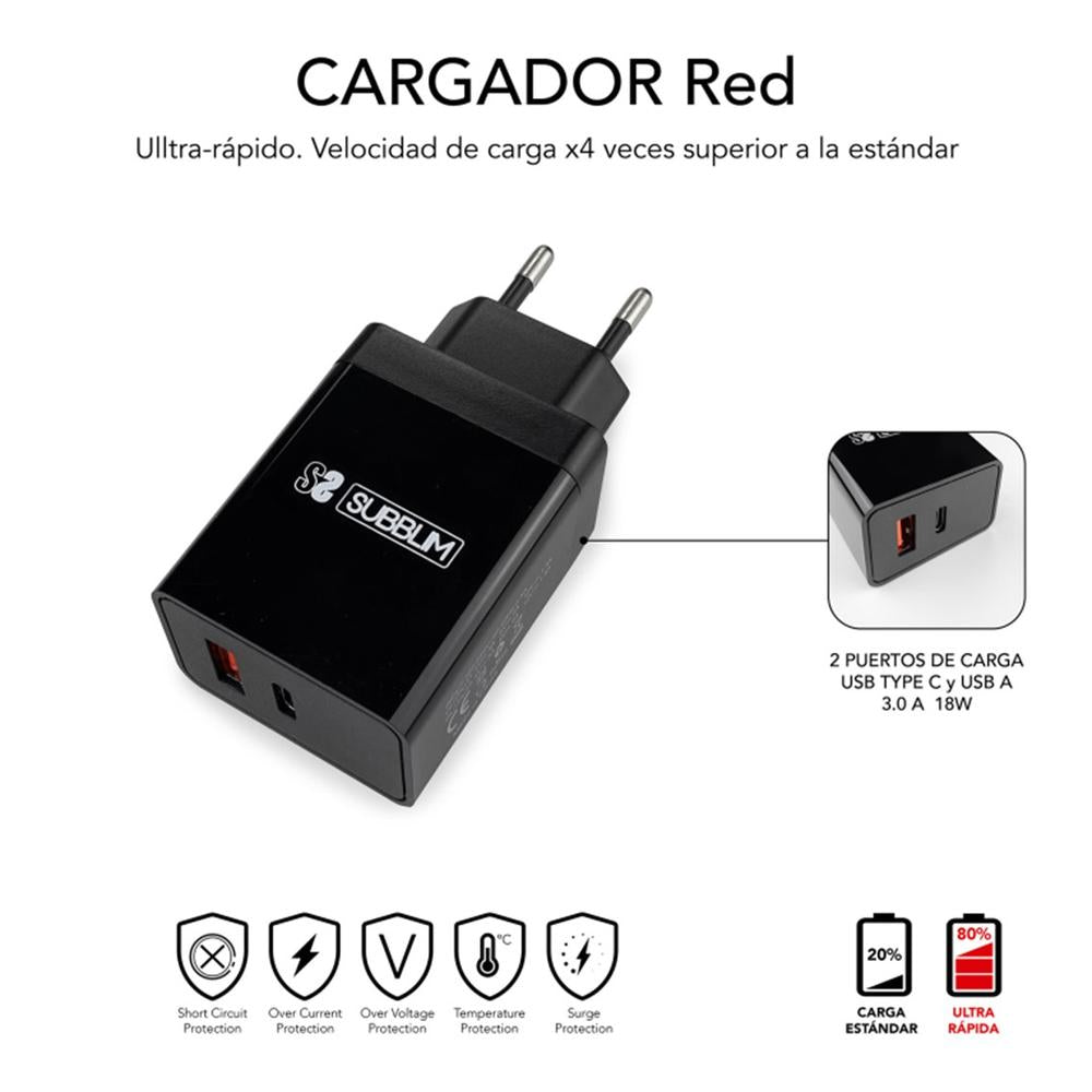 Cargador subblim 25w usb tipo a - usb tipo c + cable usb tipo c + adaptador lightning