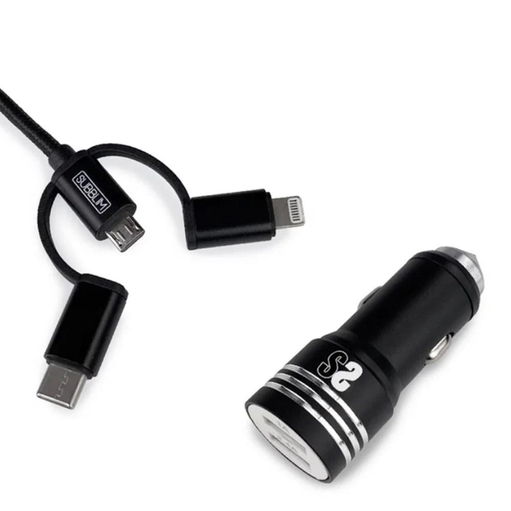 Cargador coche subblim 12w usb tipo a + cable 3 en 1