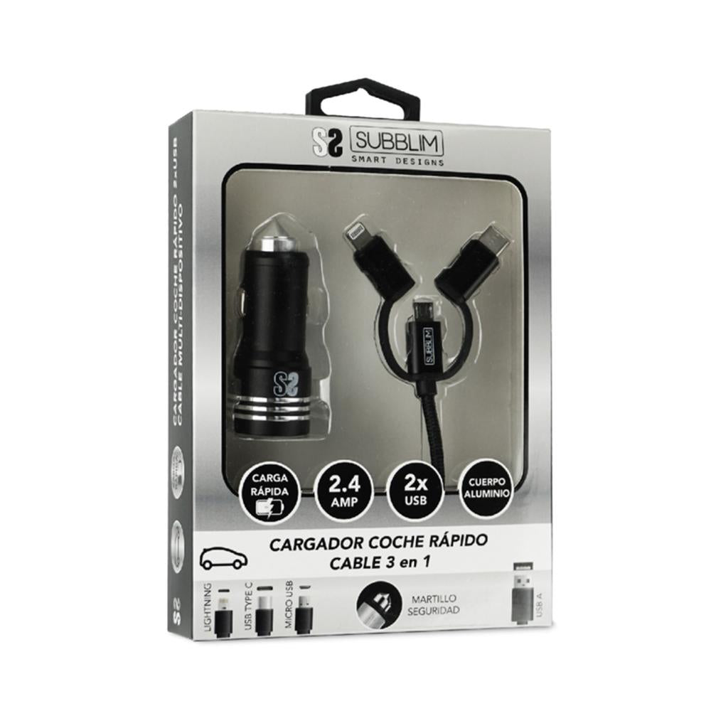 Cargador coche subblim 12w usb tipo a + cable 3 en 1