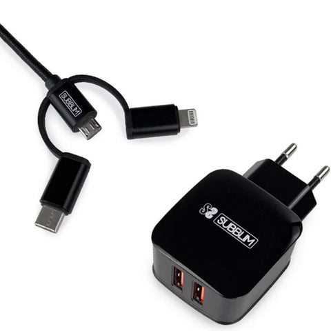 Cargador subblim 12w usb tipo a + cable 3 en 1