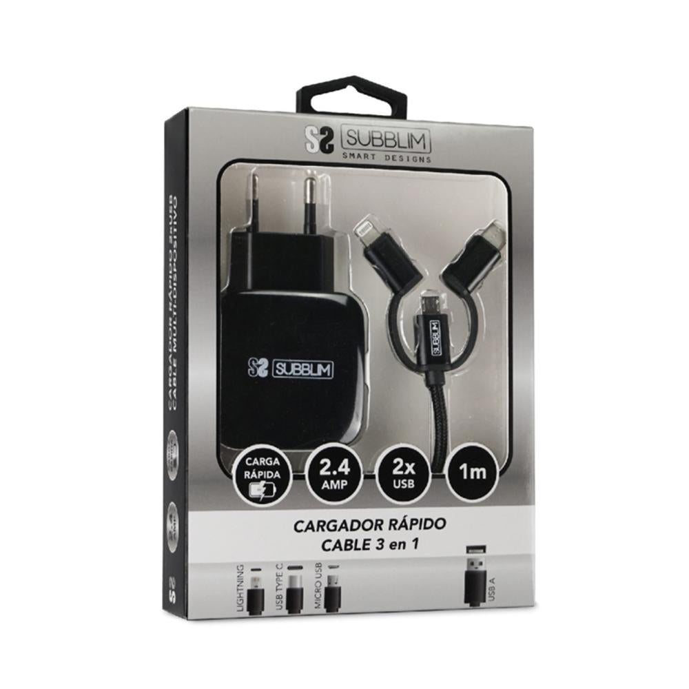 Cargador subblim 12w usb tipo a + cable 3 en 1