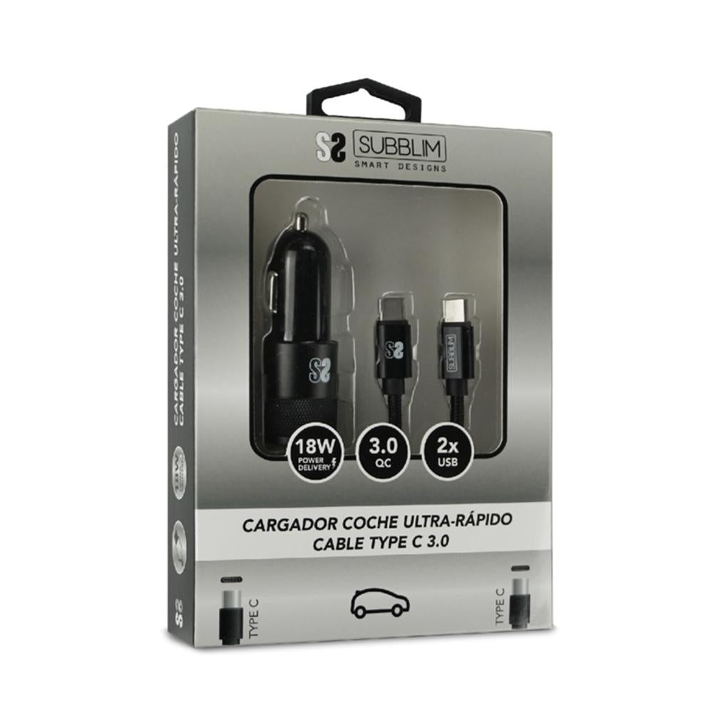 Cargador coche subblim 18w usb tipo a - usb tipo c + conector usb tipo c