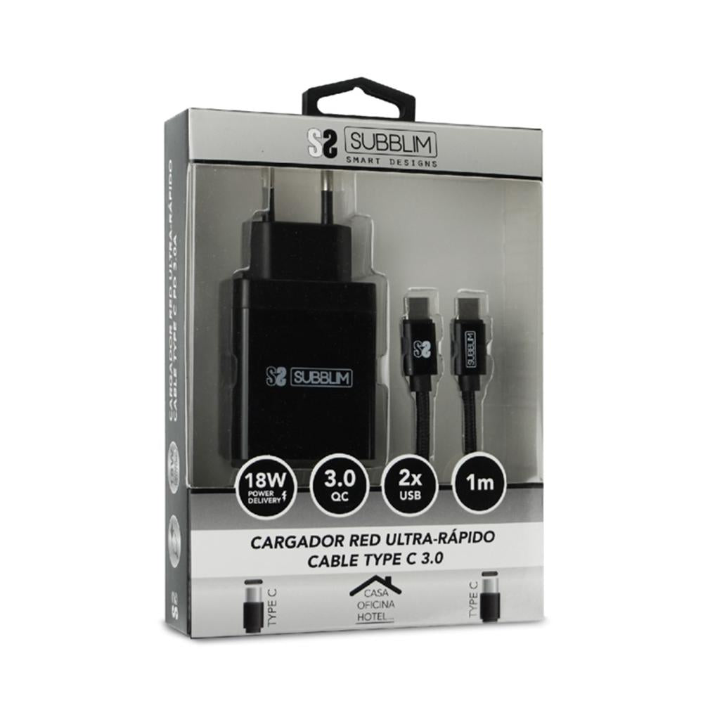 Cargador subblim 18w usb tipo a - usb tipo c + cable usb tipo c