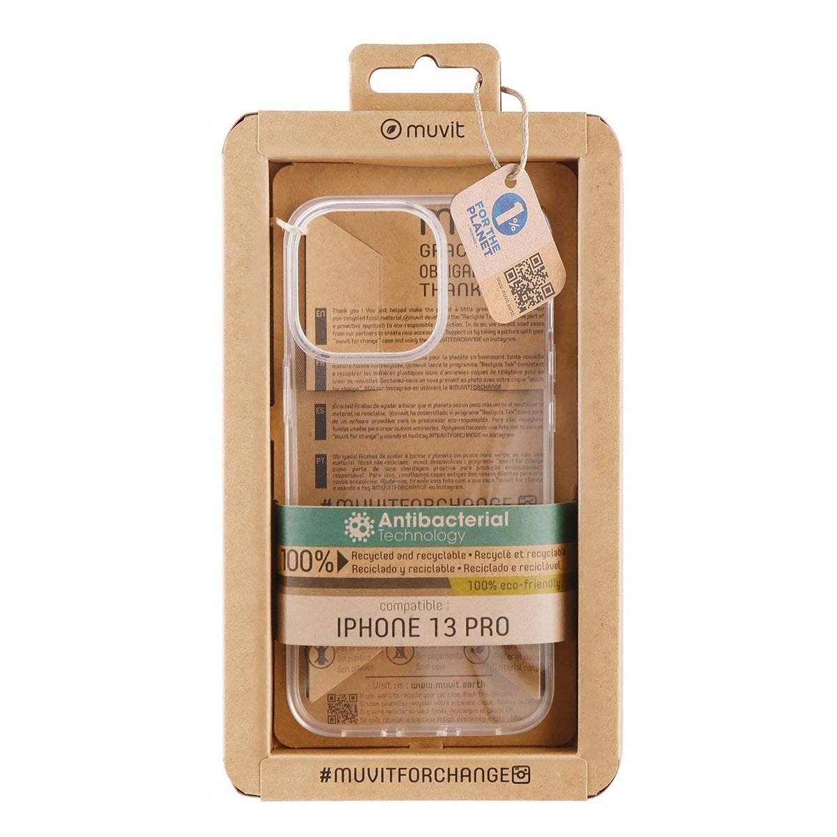 Funda muvit recycletek para apple iphone 13 pro antibacterias transparente