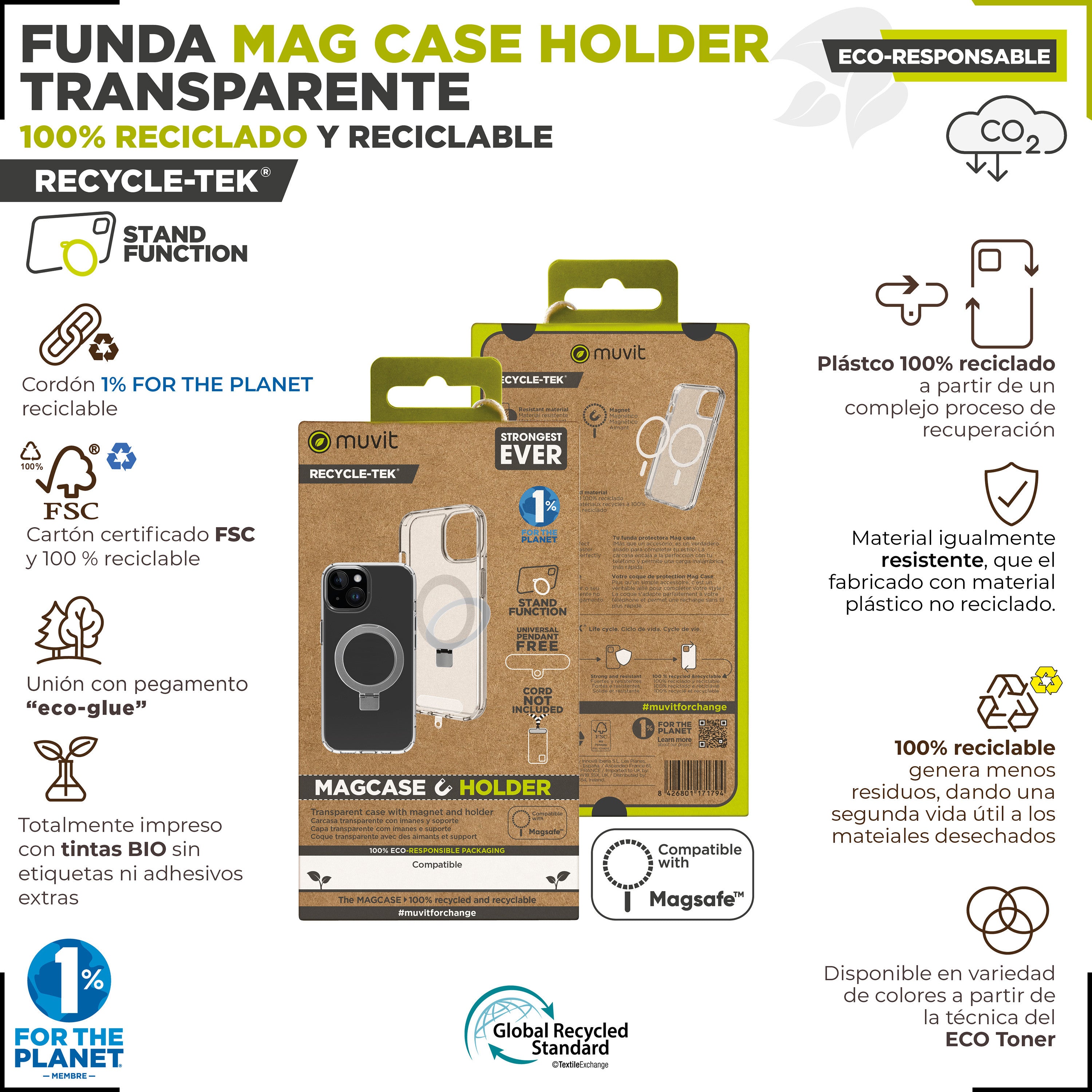 Funda muvit recycletek magsafe + soporte para iphone 15 transparente